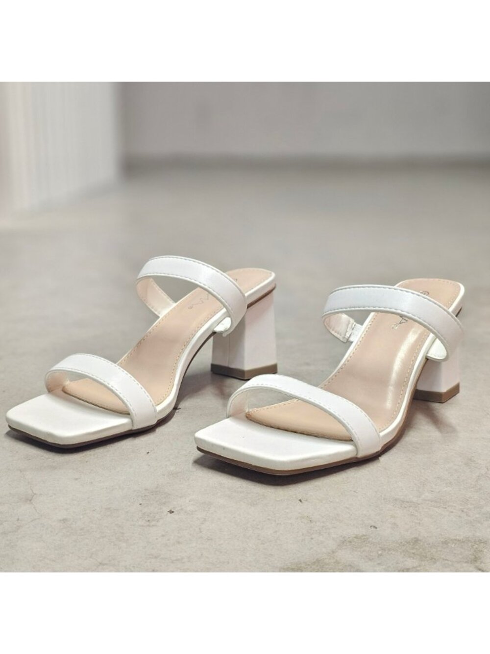 White Faux Leather Block Heel Sandals With Double Straps & Square Toe For Women - Picture 8 of 15